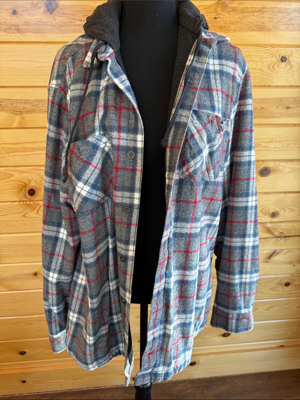 Plaid Hooded Utility Jacket in Blue and Red